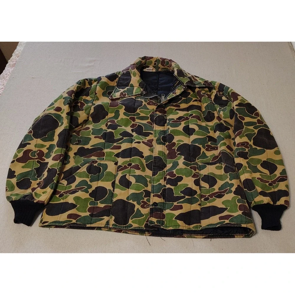 Vintage 60s 70s‎ Camouflage Duck Print Insulated Mens Quilted Winter Coat Sz L